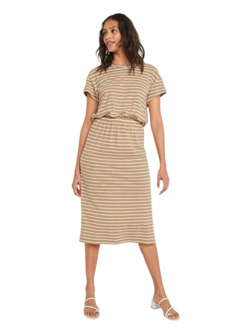 Old Navy  Striped Cinch Waist Cut Out Dress Size XXL Tan White Short Sleeve Midi